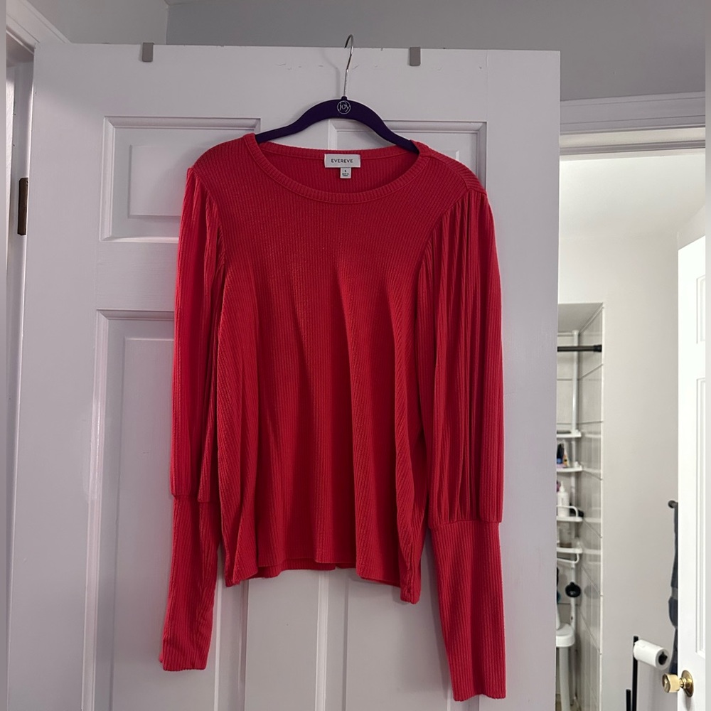 Evereve Bright Red Ribbed Long Sleeve Top with Pleated Puff Sleeves